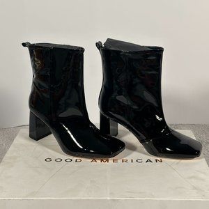 Good American Black Patent Leather Boots Square Toe Block Heel Black 7.5